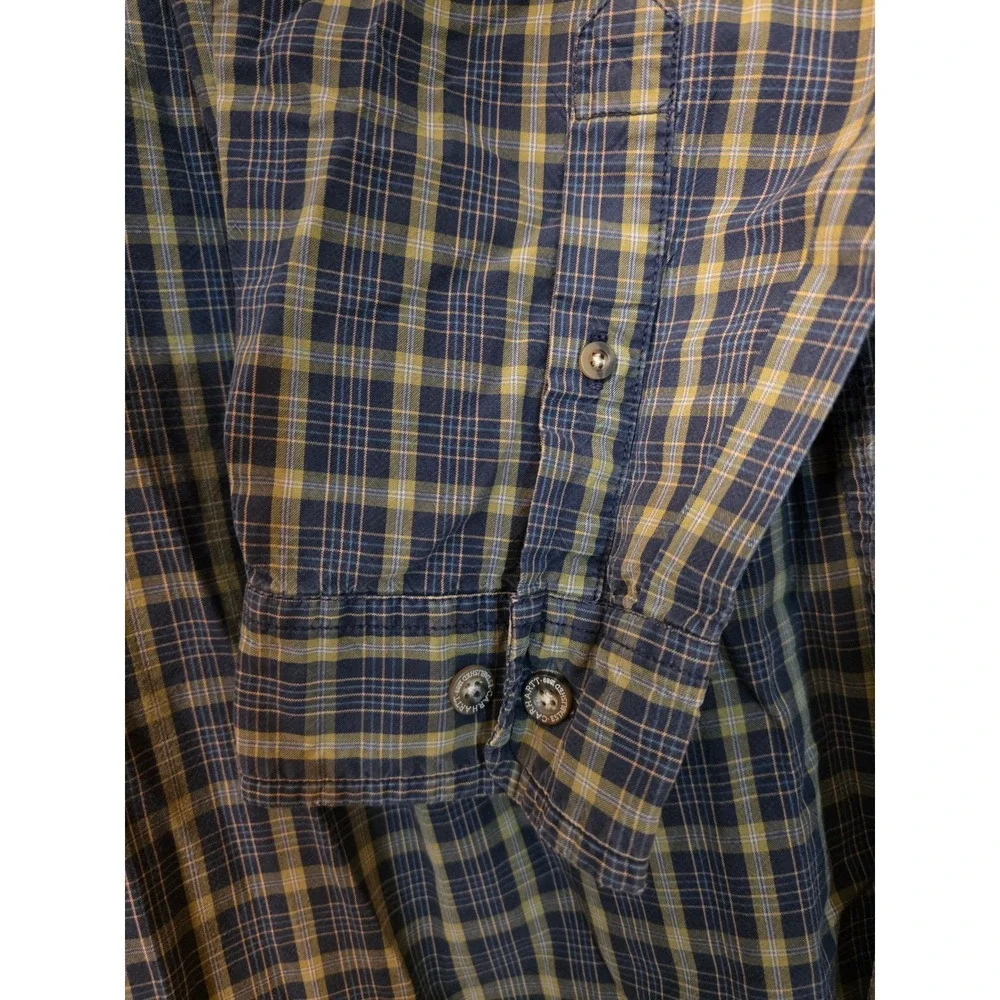Carhartt Mens XL Tall Plaid Button Down Shirt Navy Yellow Cotton Long Sleeve